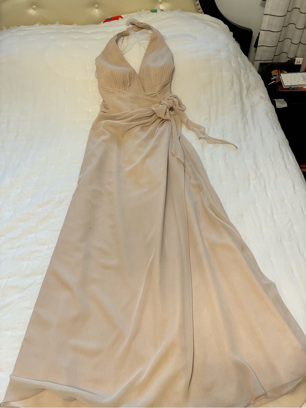 David's Bridal Beige Halter Maxi Dress with Sash Sz. 18